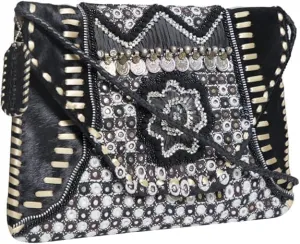 Leather Crossbody Clutch with Hand Embroidery for Women | Stylish Bohemian Shoulder Bag | Trendy Crossbody Purse