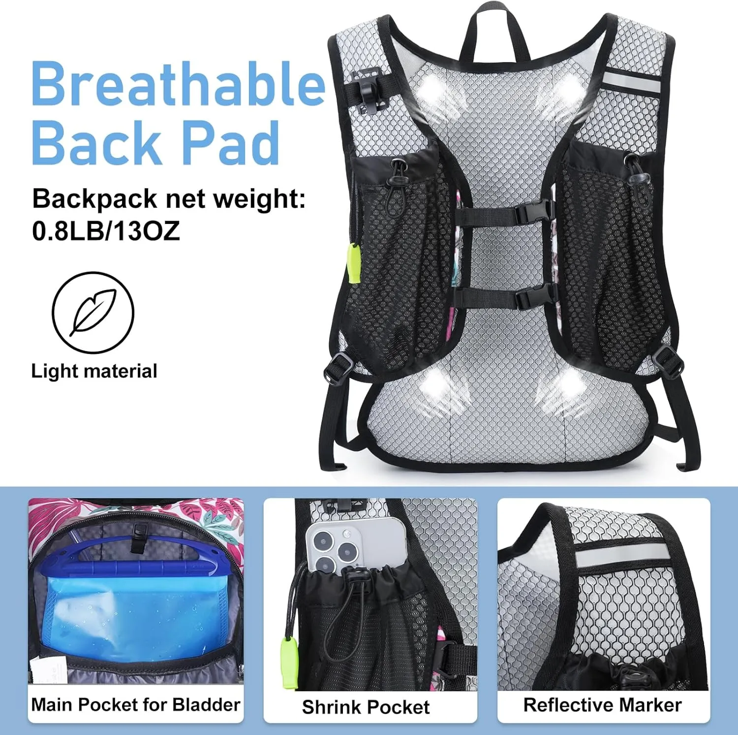 Lightweight Hydration Backpack, Running Backpack with 2L Water Bladder, Hydro Water Daypack for Cycling Hiking Rave for Men Women