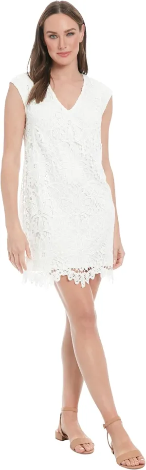 London Times Women's Extended Shoulder V-Neck Shift Dress