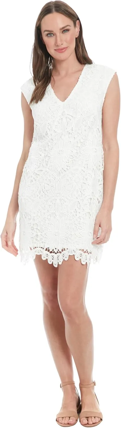 London Times Women's Extended Shoulder V-Neck Shift Dress