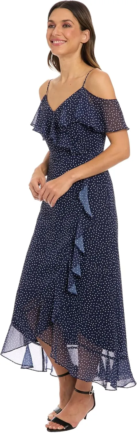 London Times Women's Polka Dot Cold Shoulder Maxi Ruffle Detail and High-Low Hem-Summer Wedding Guest Dress