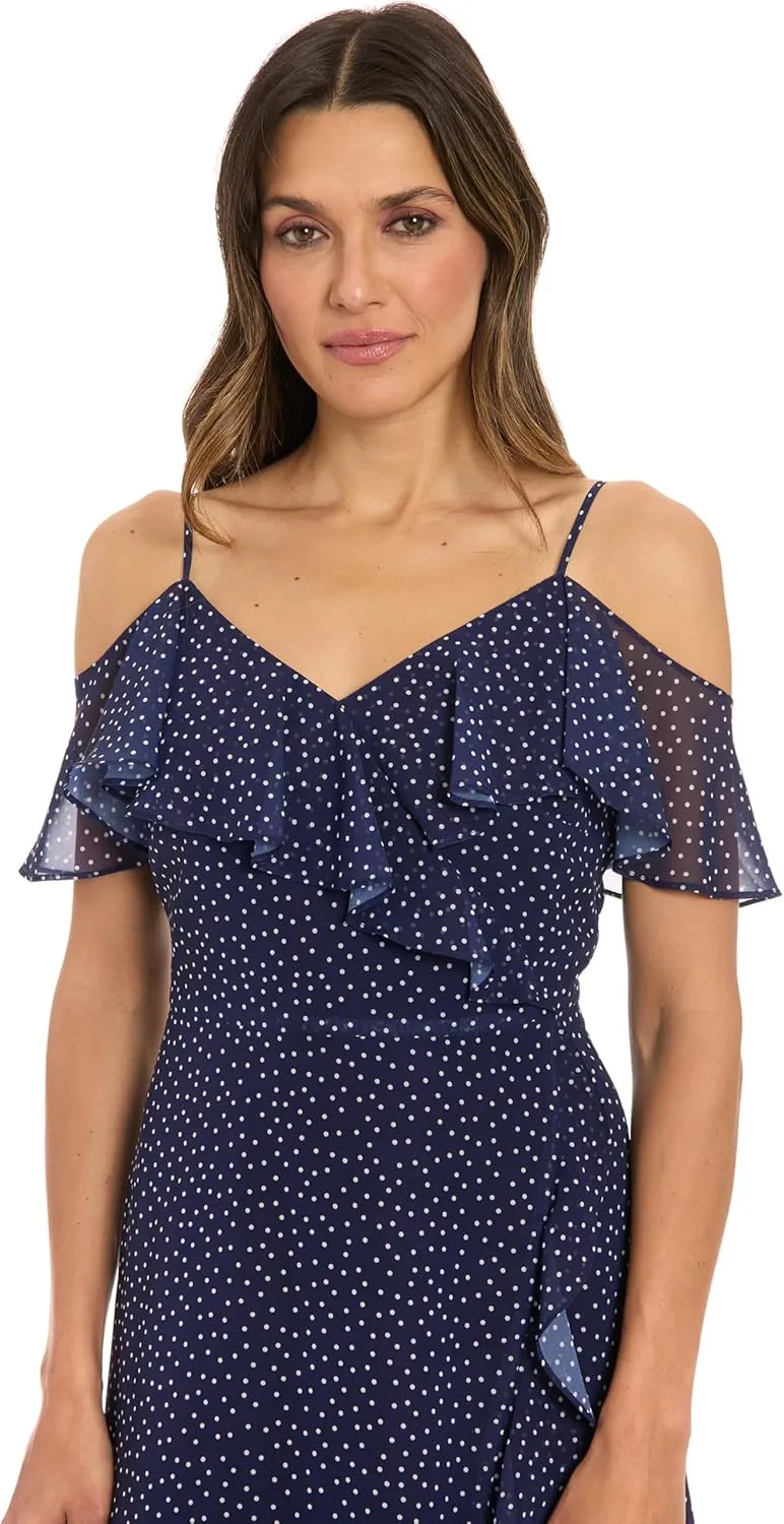 London Times Women's Polka Dot Cold Shoulder Maxi Ruffle Detail and High-Low Hem-Summer Wedding Guest Dress