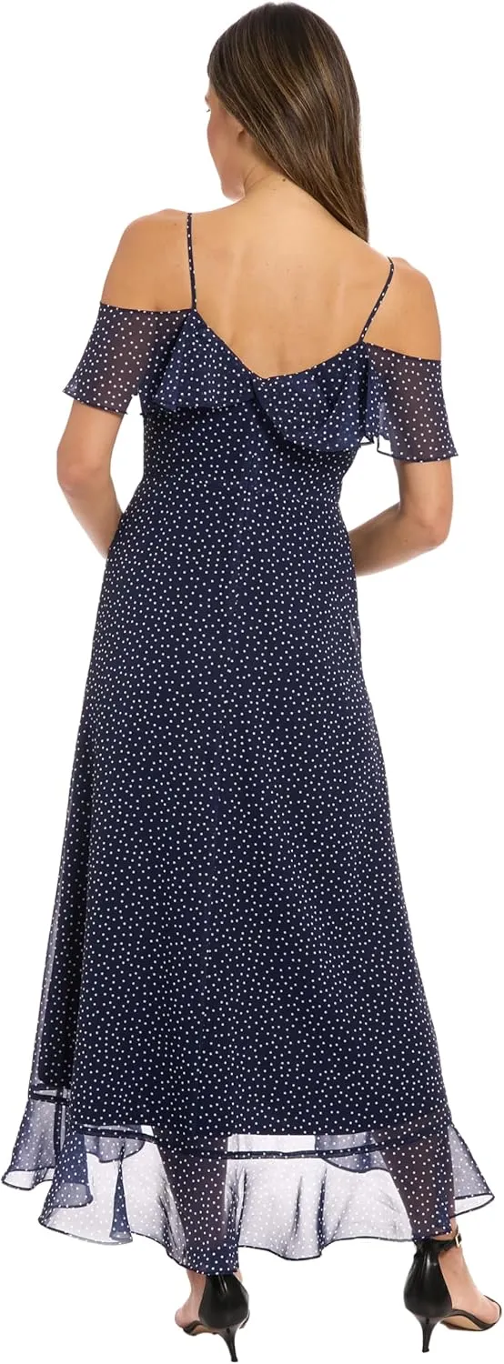 London Times Women's Polka Dot Cold Shoulder Maxi Ruffle Detail and High-Low Hem-Summer Wedding Guest Dress