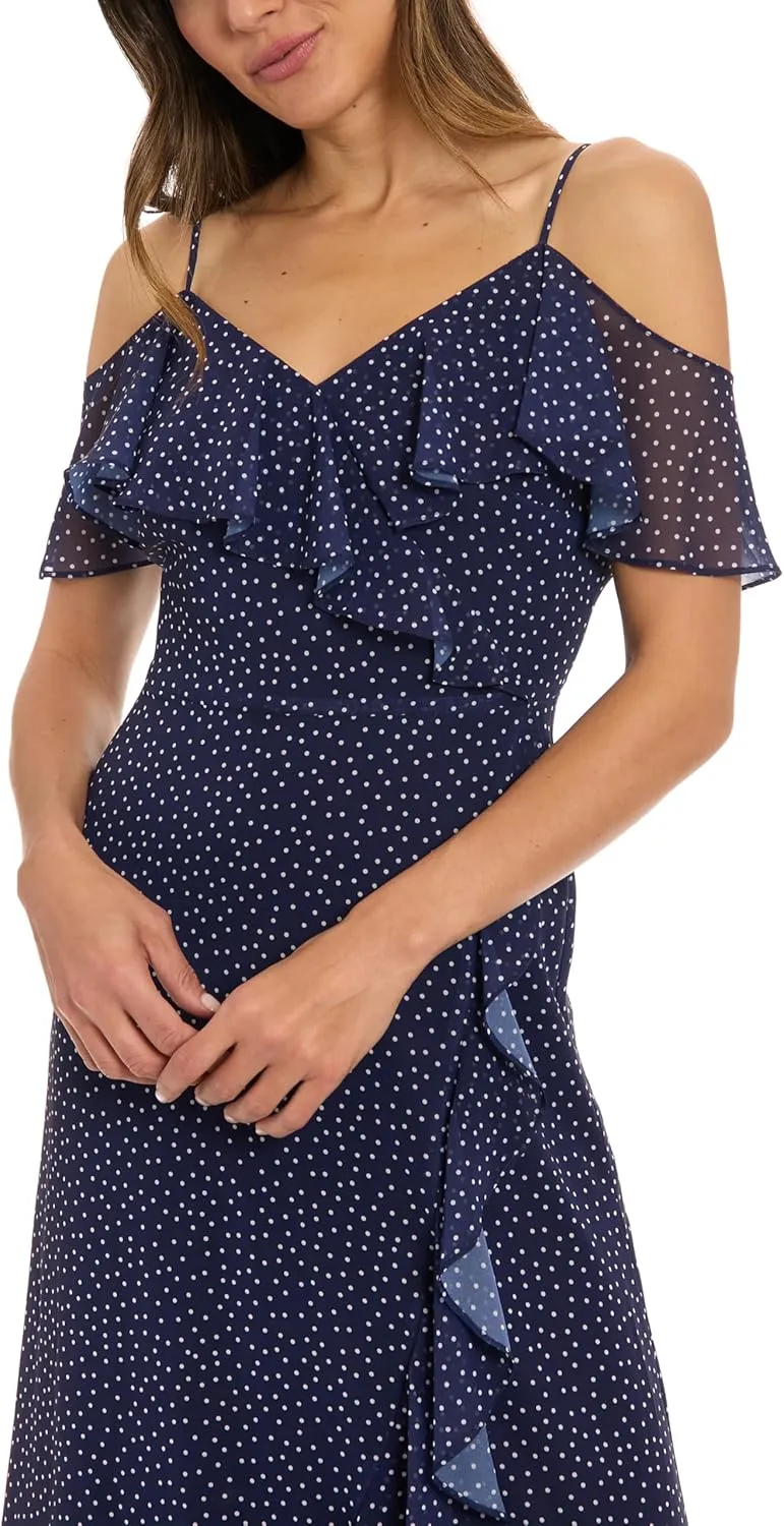 London Times Women's Polka Dot Cold Shoulder Maxi Ruffle Detail and High-Low Hem-Summer Wedding Guest Dress