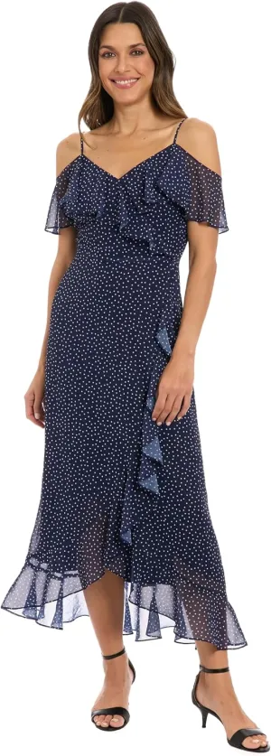 London Times Women's Polka Dot Cold Shoulder Maxi Ruffle Detail and High-Low Hem-Summer Wedding Guest Dress