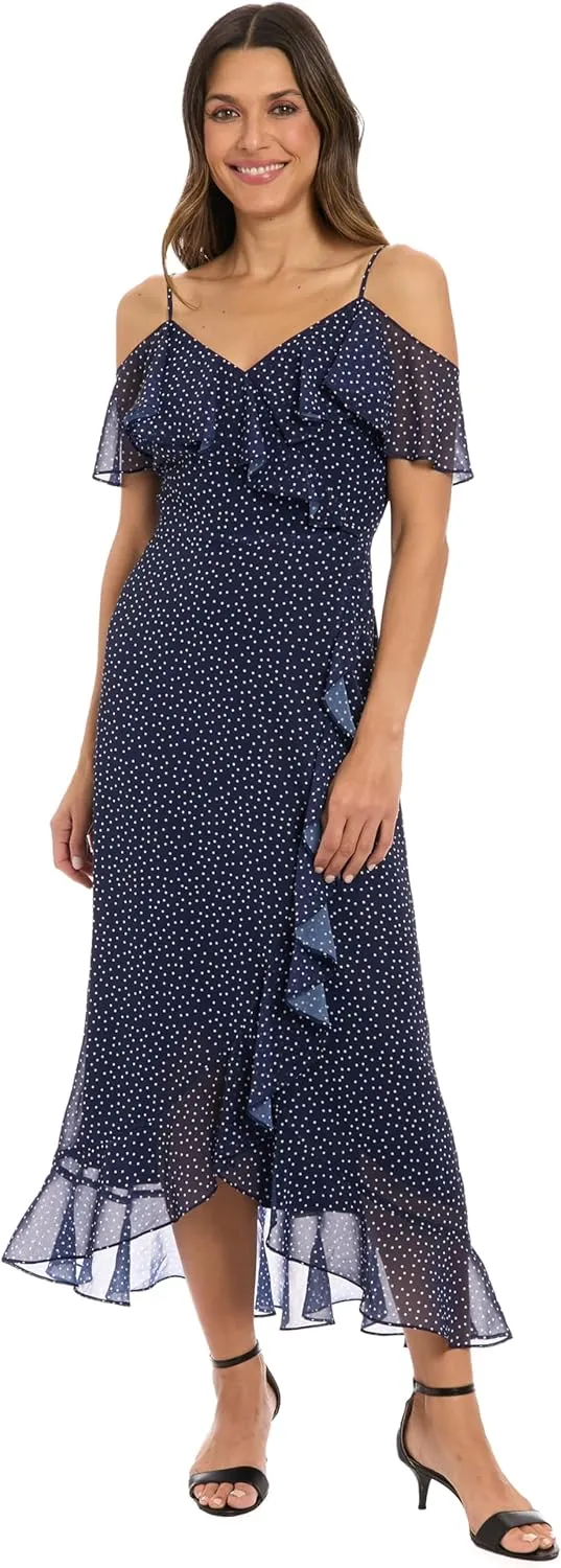 London Times Women's Polka Dot Cold Shoulder Maxi Ruffle Detail and High-Low Hem-Summer Wedding Guest Dress
