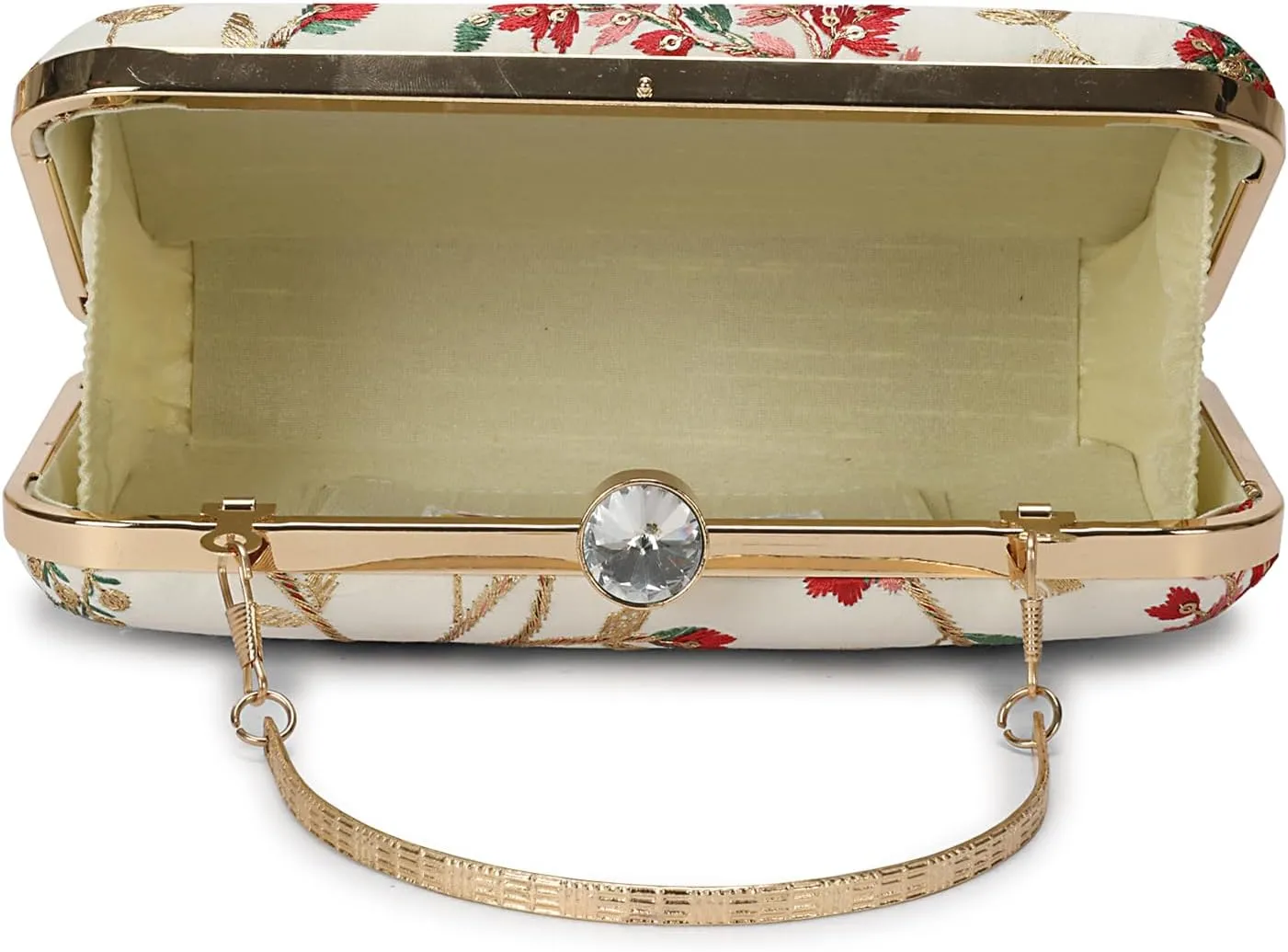 LONGING TO BUY Indian Elegant Evening Box Clutch, Embroidered Pattern, Crystal Clasp