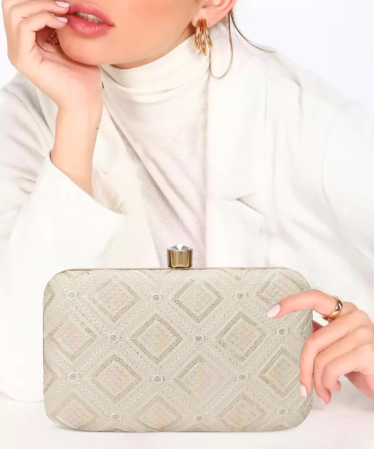 LONGING TO BUY Indian Elegant Evening Box Clutch, Embroidered Pattern, Crystal Clasp