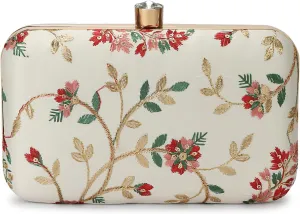 LONGING TO BUY Indian Elegant Evening Box Clutch, Embroidered Pattern, Crystal Clasp