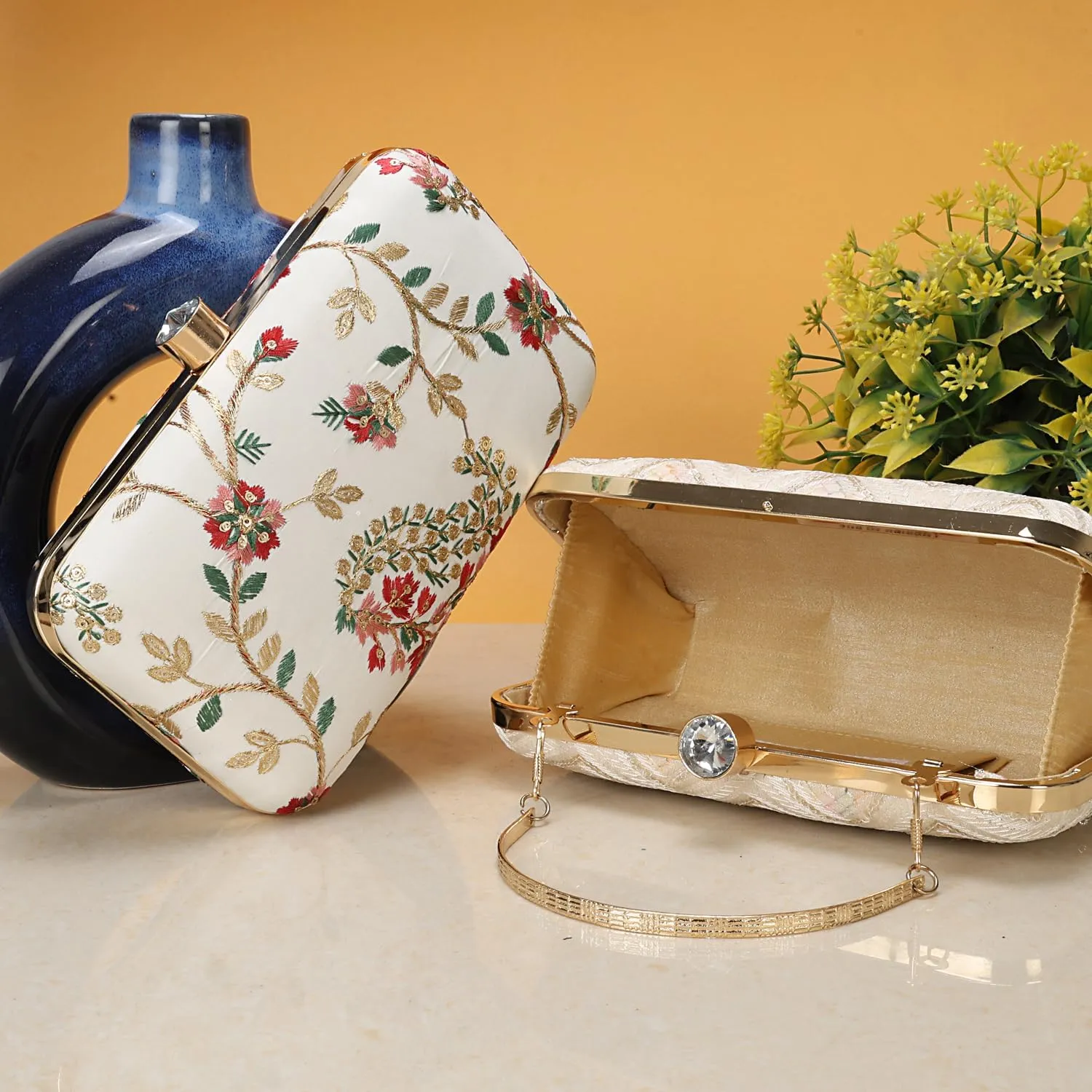 LONGING TO BUY Indian Elegant Evening Box Clutch, Embroidered Pattern, Crystal Clasp