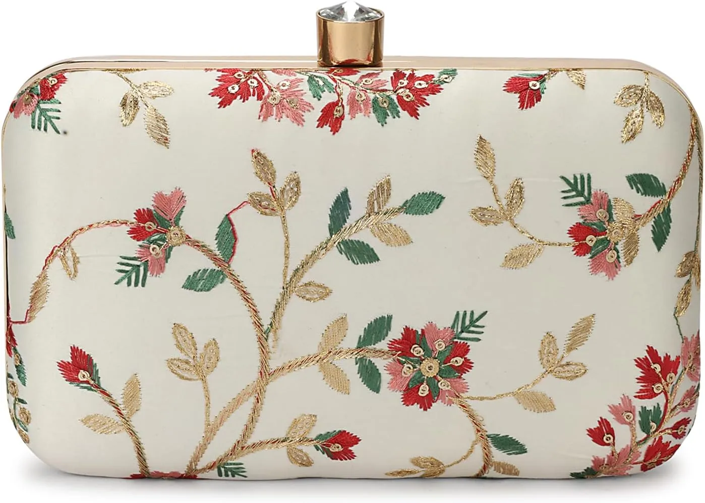 LONGING TO BUY Indian Elegant Evening Box Clutch, Embroidered Pattern, Crystal Clasp