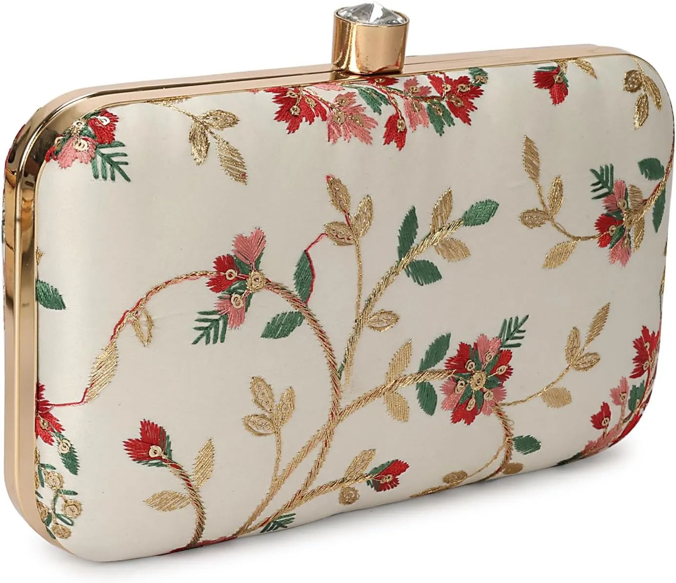LONGING TO BUY Indian Elegant Evening Box Clutch, Embroidered Pattern, Crystal Clasp