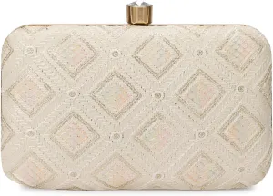 LONGING TO BUY Indian Elegant Evening Box Clutch, Embroidered Pattern, Crystal Clasp
