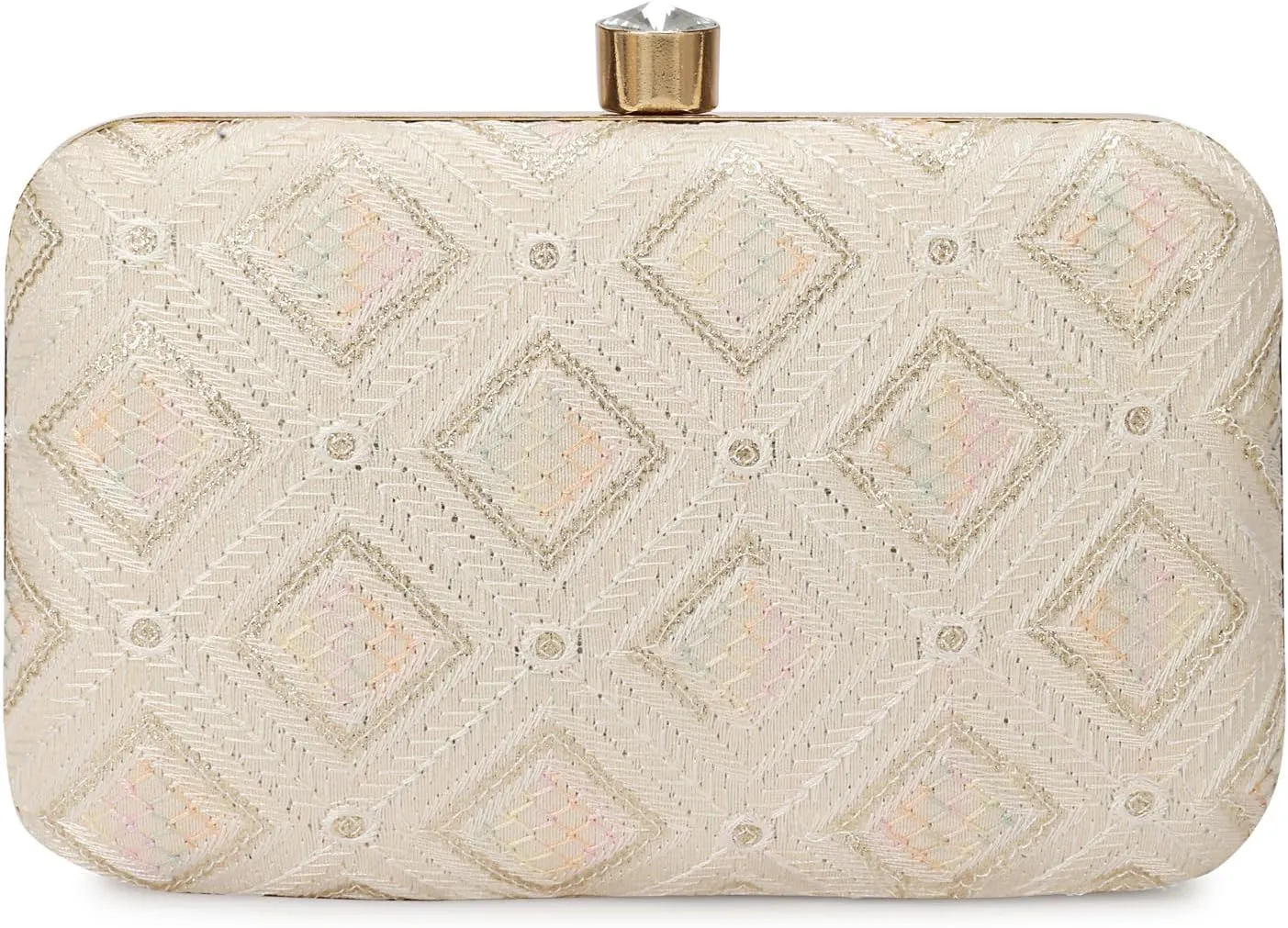 LONGING TO BUY Indian Elegant Evening Box Clutch, Embroidered Pattern, Crystal Clasp