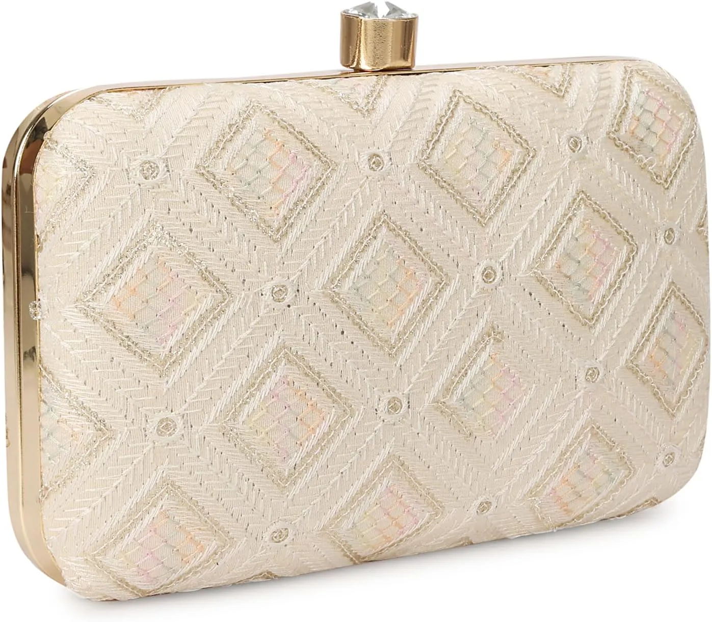LONGING TO BUY Indian Elegant Evening Box Clutch, Embroidered Pattern, Crystal Clasp