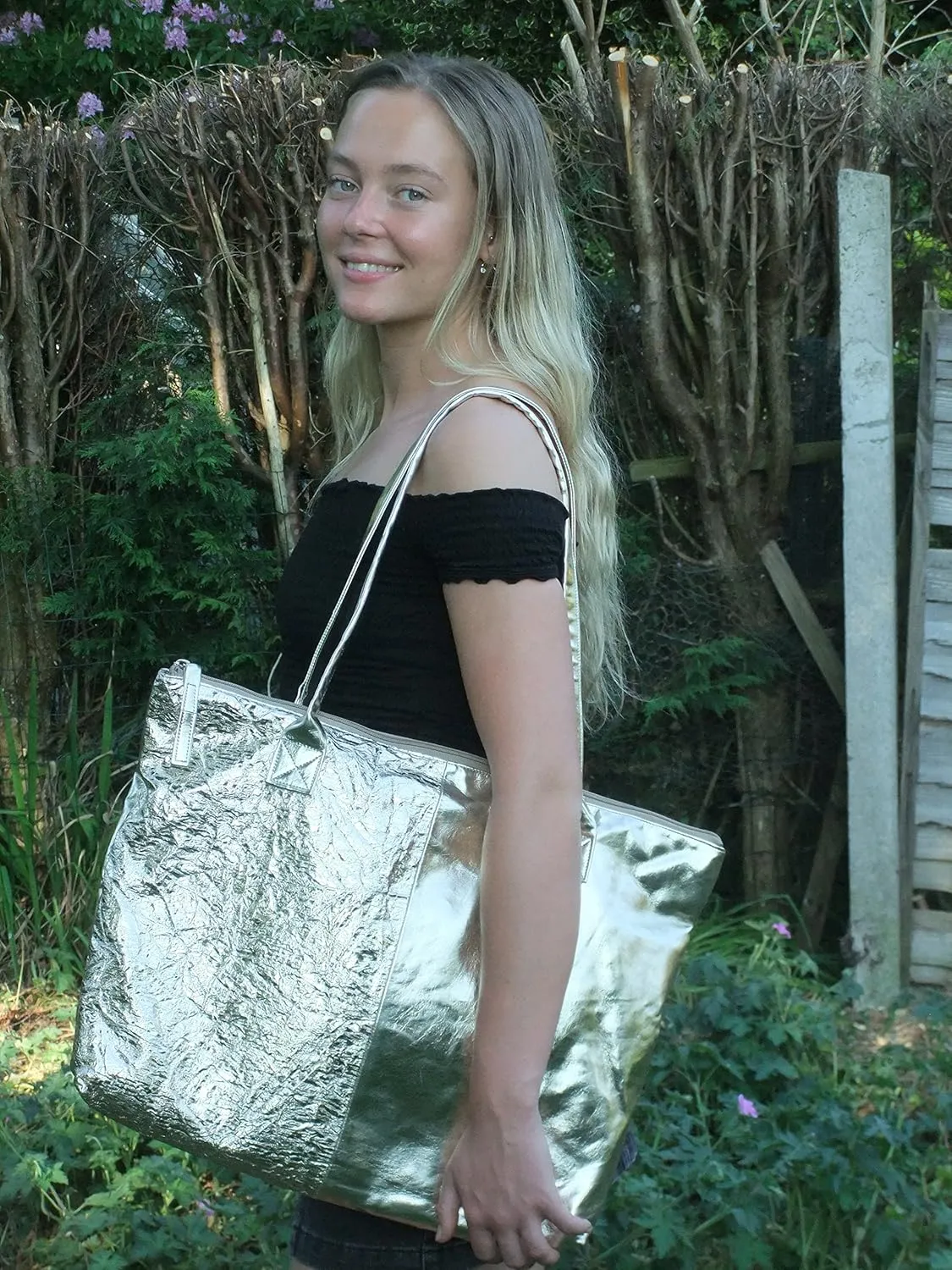 LONI Womens Metallic Faux Leather Tote Shoulder Beach Holiday Bag
