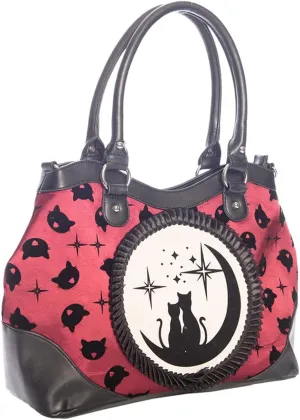 Lost Queen Women's Purse Handbag Shoulder Bag | Gothic Dark Goth Victorian (Burgundy Cats Lunar Sisters)