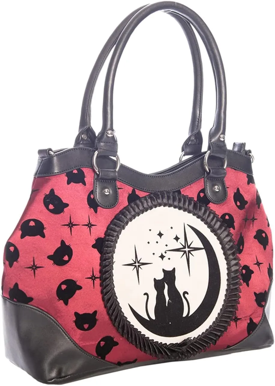 Lost Queen Women's Purse Handbag Shoulder Bag | Gothic Dark Goth Victorian (Burgundy Cats Lunar Sisters)