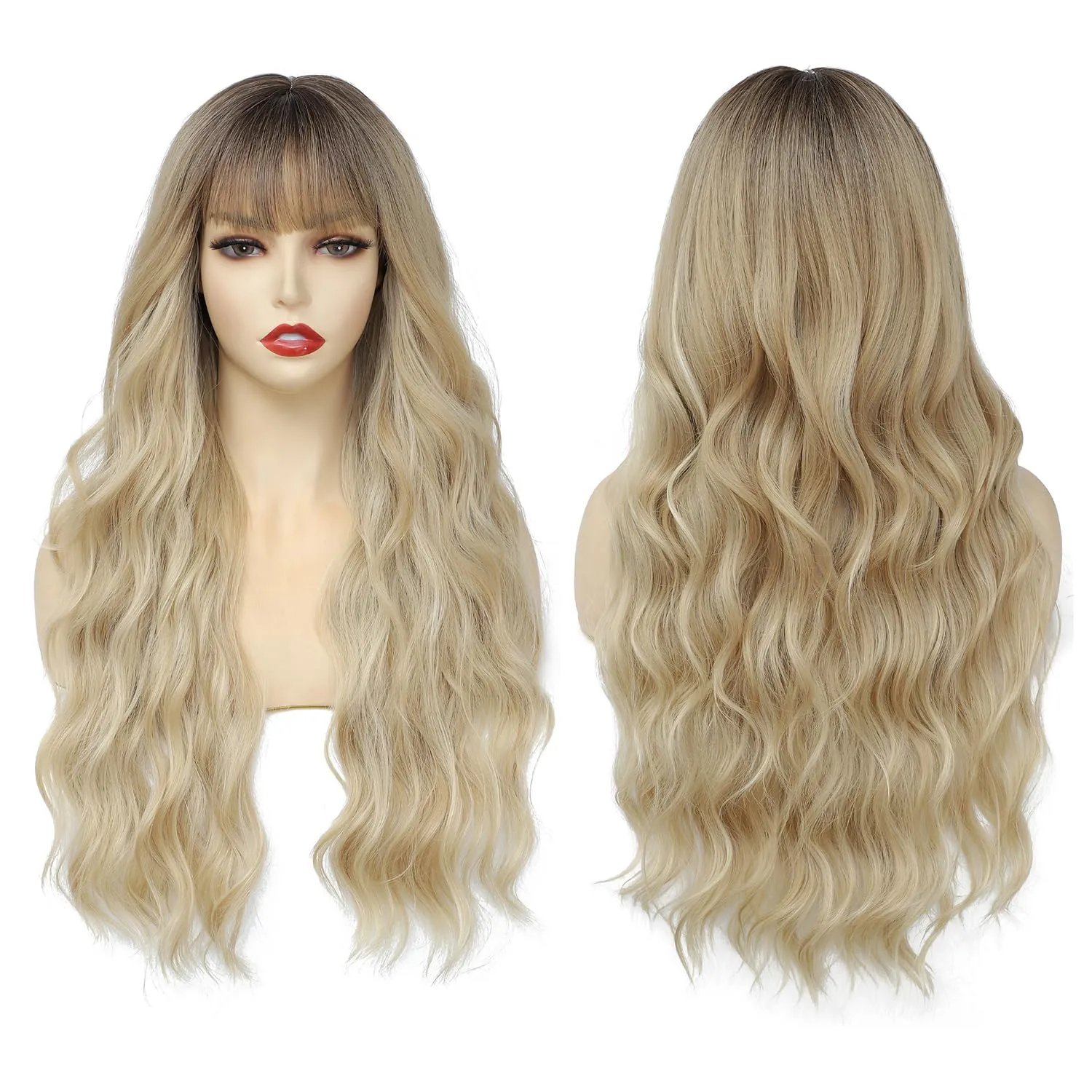 Lovenia-Ombre Blonde Wig with Bangs for Women Long Blonde Wave Wig with Dark Roots Synthetic Curly Wigs Natural Looking Hair Fancy Dress Cosplay 26inches
