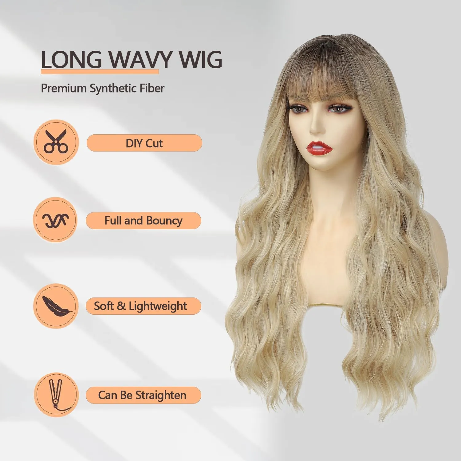 Lovenia-Ombre Blonde Wig with Bangs for Women Long Blonde Wave Wig with Dark Roots Synthetic Curly Wigs Natural Looking Hair Fancy Dress Cosplay 26inches