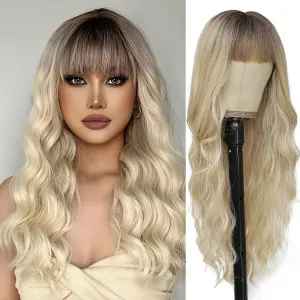 Lovenia-Ombre Blonde Wig with Bangs for Women Long Blonde Wave Wig with Dark Roots Synthetic Curly Wigs Natural Looking Hair Fancy Dress Cosplay 26inches