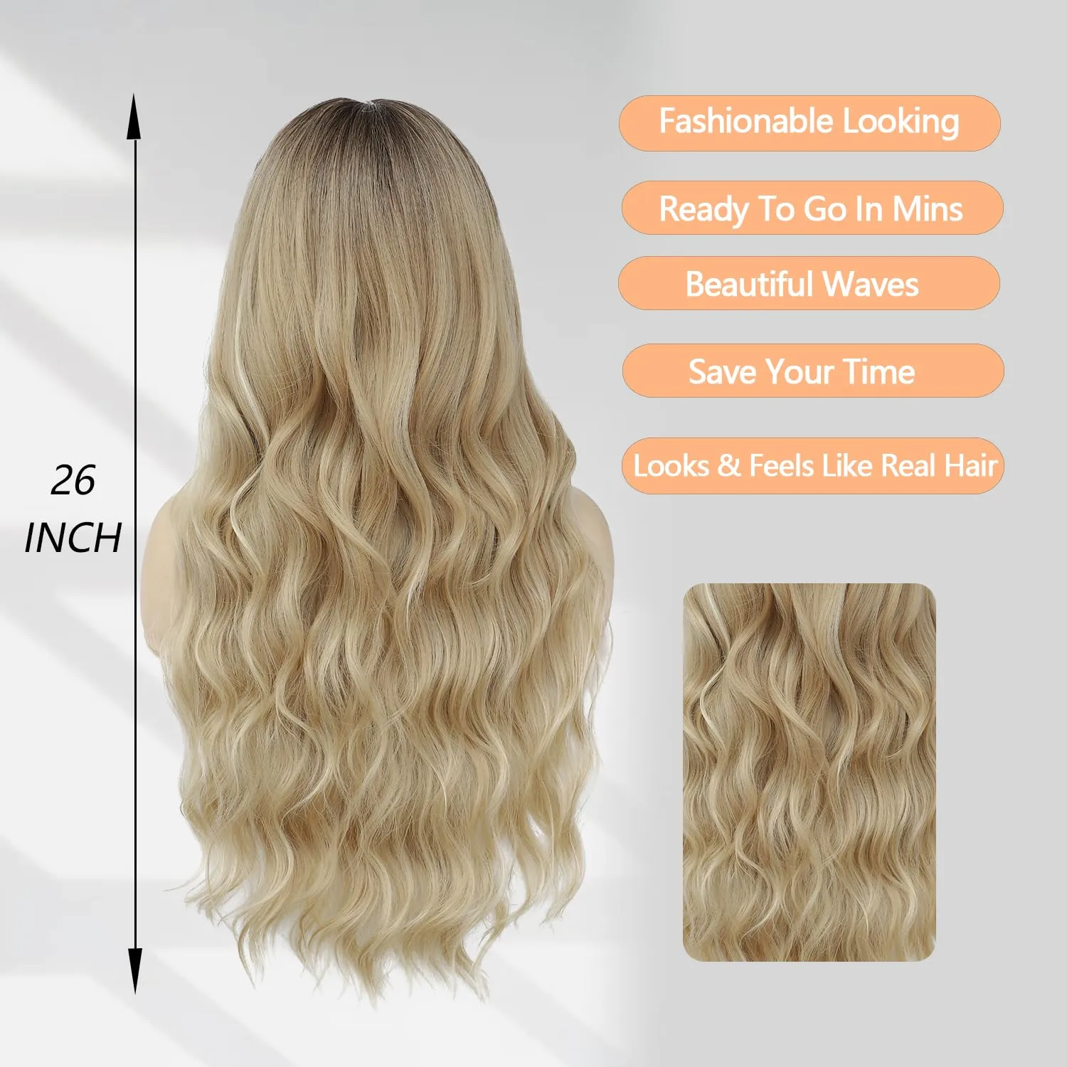 Lovenia-Ombre Blonde Wig with Bangs for Women Long Blonde Wave Wig with Dark Roots Synthetic Curly Wigs Natural Looking Hair Fancy Dress Cosplay 26inches