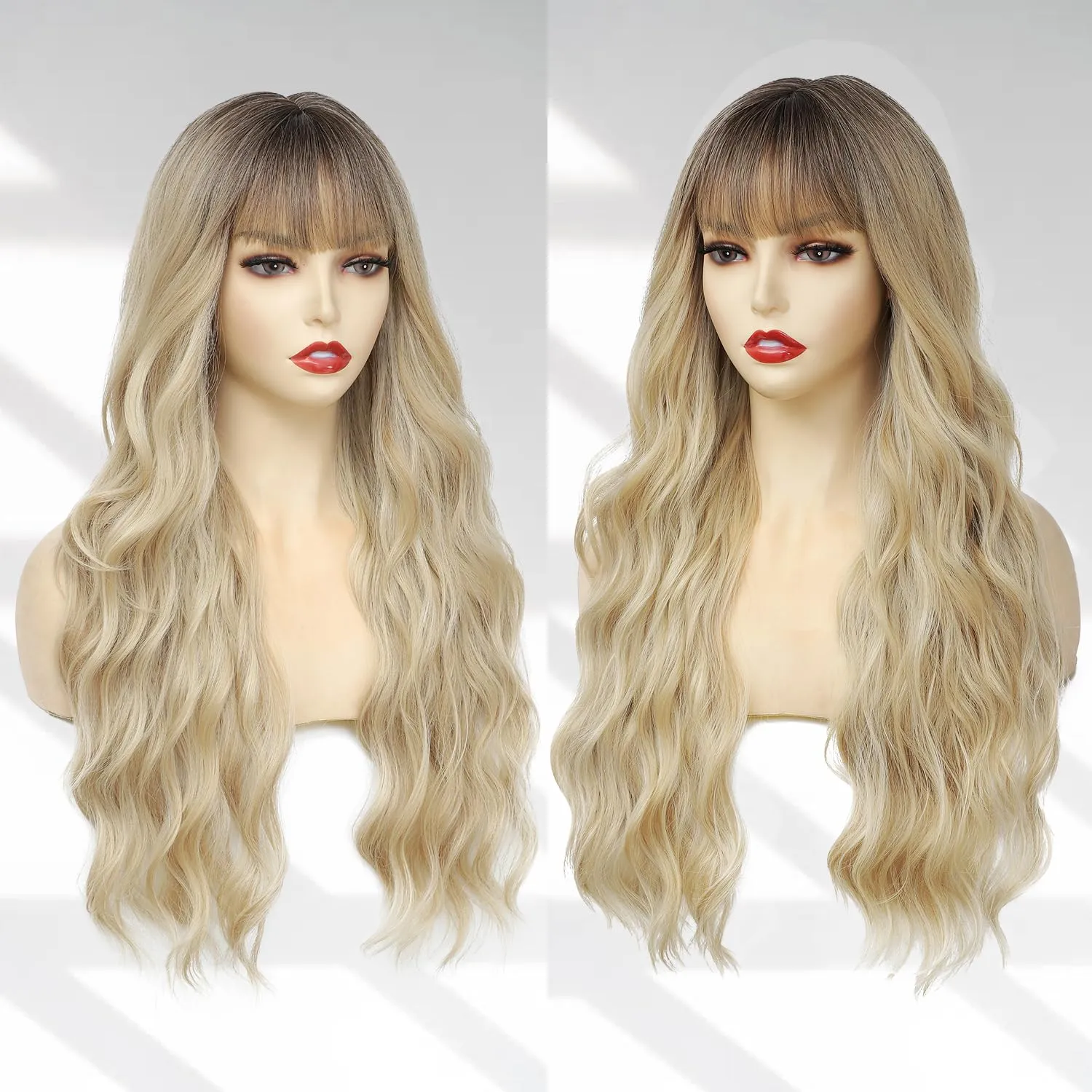Lovenia-Ombre Blonde Wig with Bangs for Women Long Blonde Wave Wig with Dark Roots Synthetic Curly Wigs Natural Looking Hair Fancy Dress Cosplay 26inches