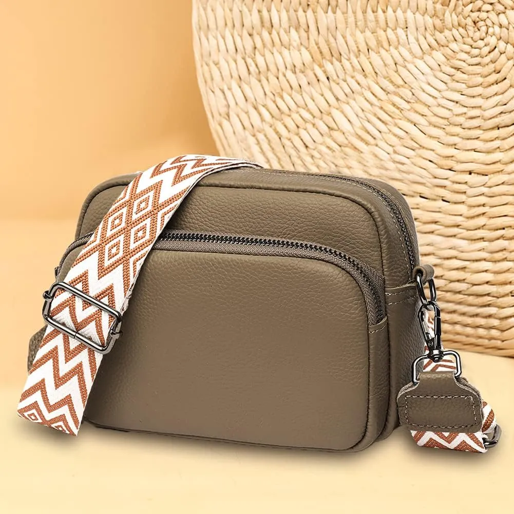 Lushandy Genuine Leather Crossbody Bags for Women Trendy Crossbody Camera Purse Small Shoulder Bag with Guitar Strap