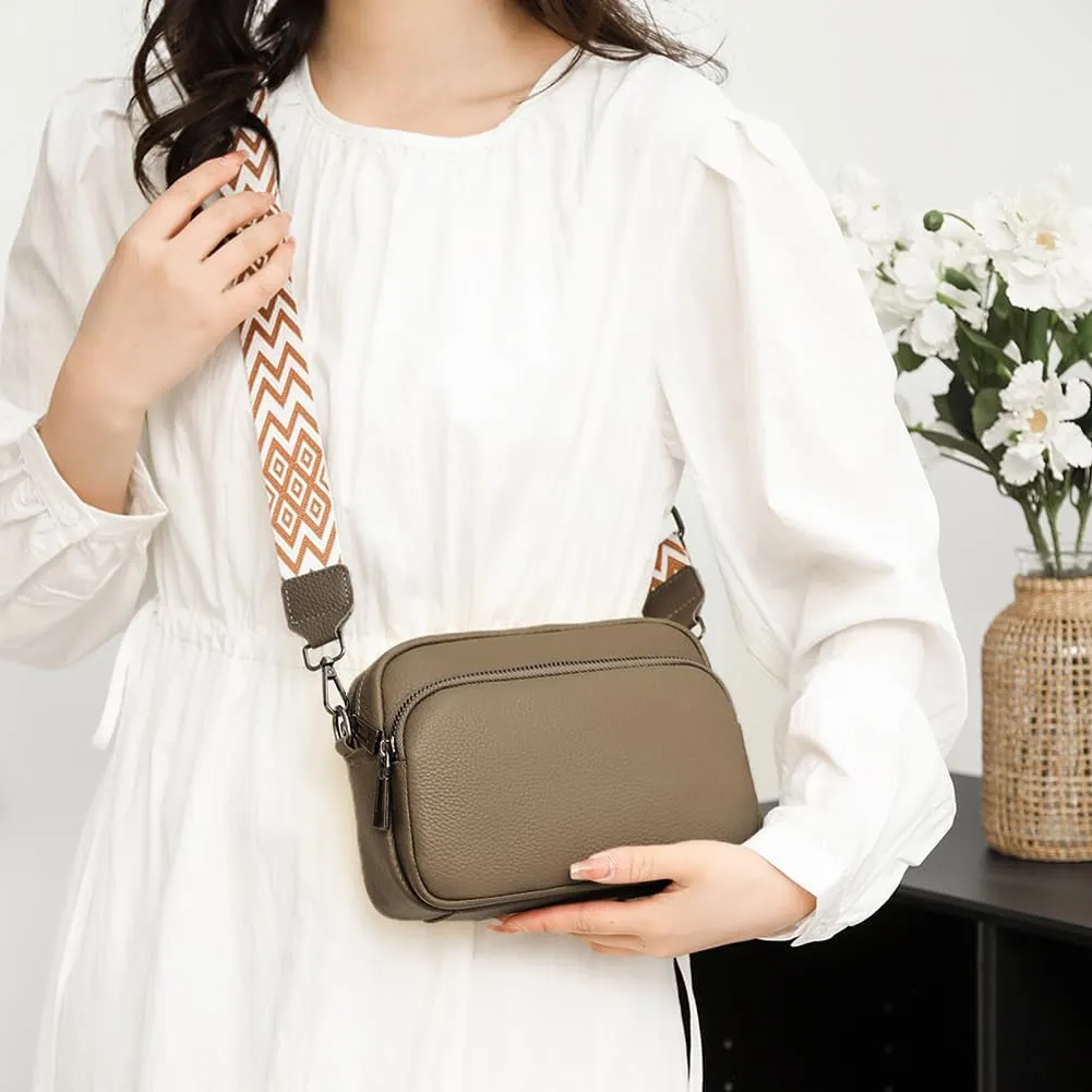 Lushandy Genuine Leather Crossbody Bags for Women Trendy Crossbody Camera Purse Small Shoulder Bag with Guitar Strap