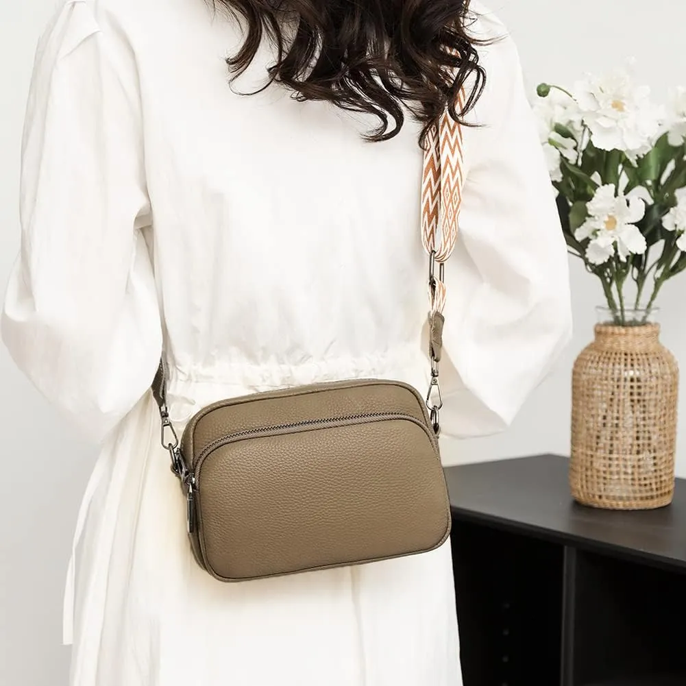 Lushandy Genuine Leather Crossbody Bags for Women Trendy Crossbody Camera Purse Small Shoulder Bag with Guitar Strap