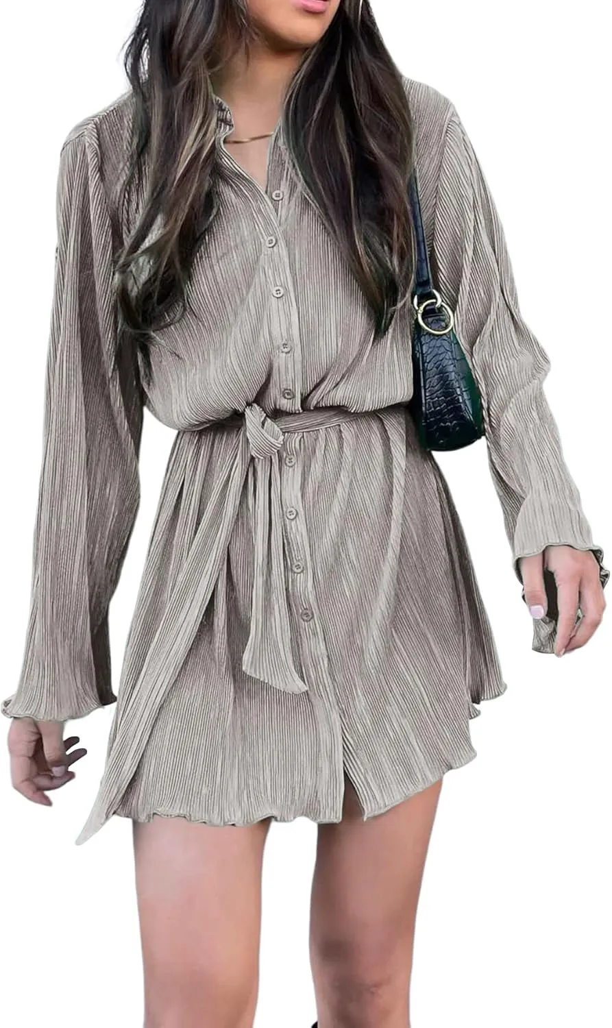 LYANER Women's Collar V Neck Button Down Pleated Long Sleeve Mini Shirt Dress with Belt