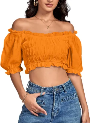 LYANER Women's Off Shoulder Ruffle Trim Ruched Short Sleeve Blouse Crop Top
