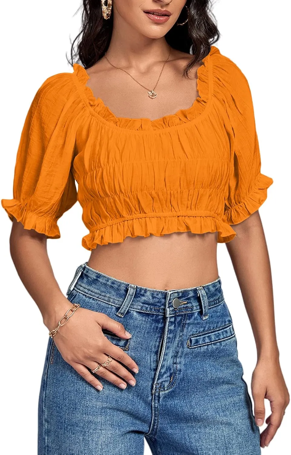 LYANER Women's Off Shoulder Ruffle Trim Ruched Short Sleeve Blouse Crop Top