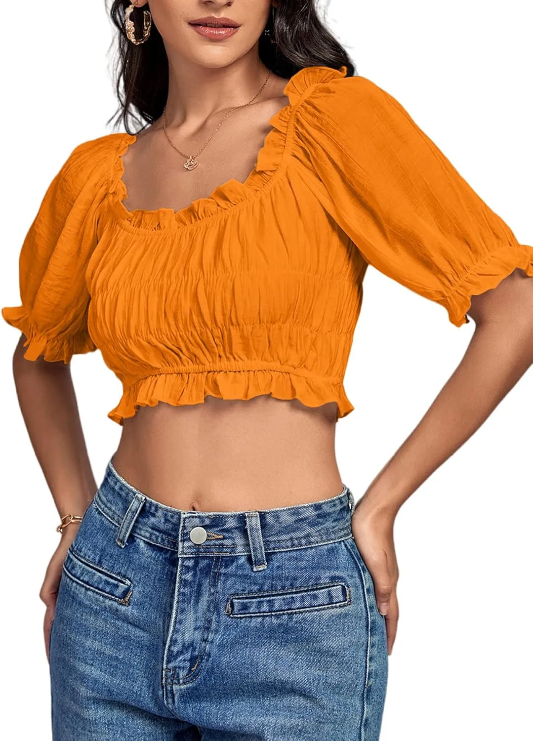 LYANER Women's Off Shoulder Ruffle Trim Ruched Short Sleeve Blouse Crop Top