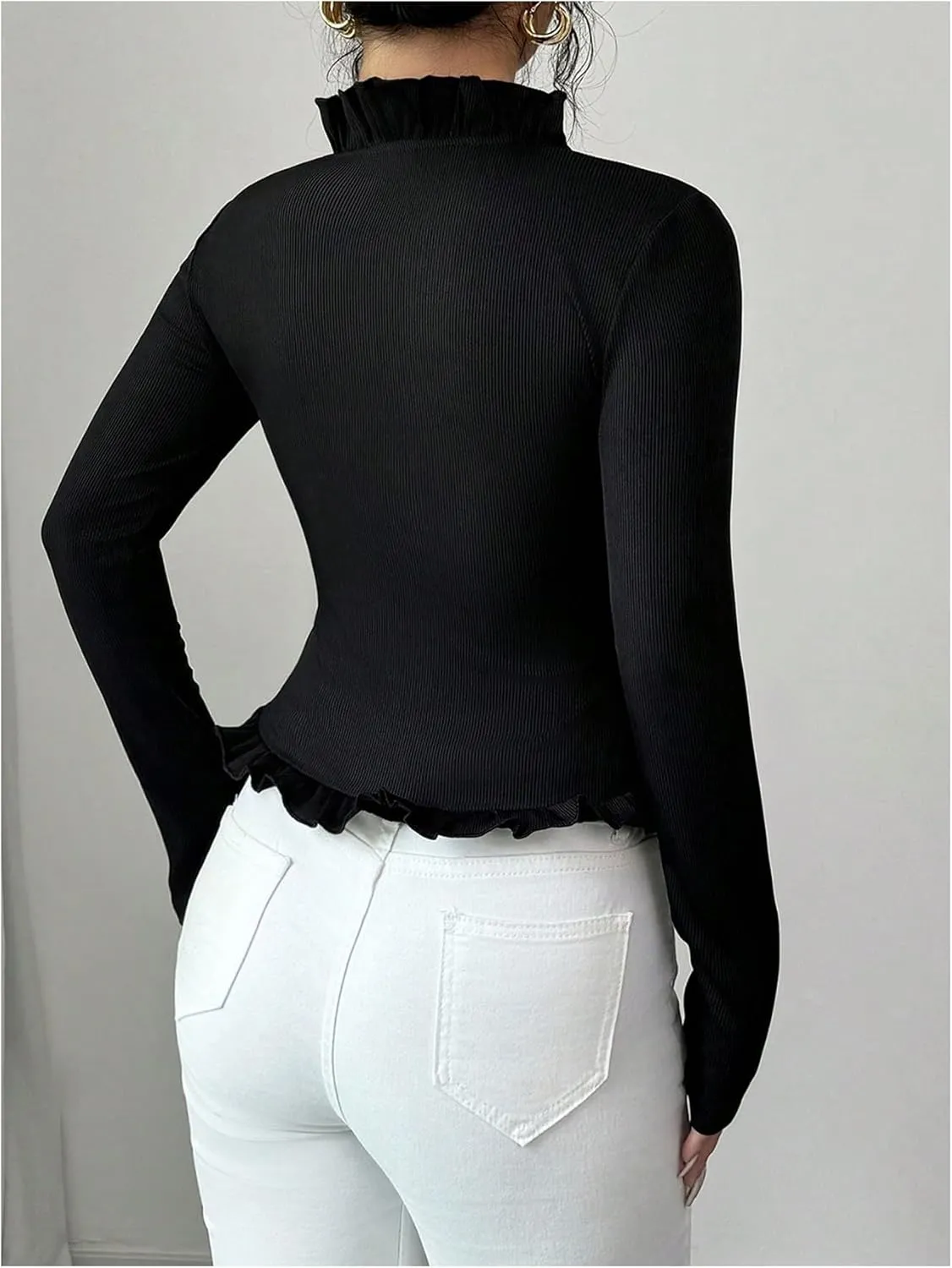 MakeMeChic Women's Rhinestone Bow Knot T Shirt Mock Neck Long Sleeve Ruffle Trim Tee Top