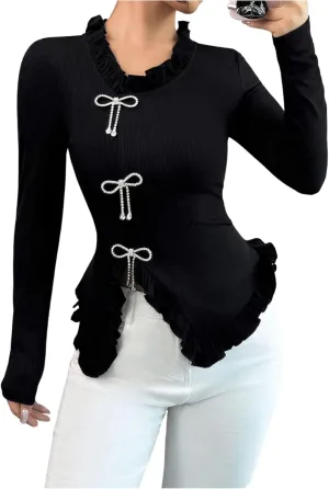 MakeMeChic Women's Rhinestone Bow Knot T Shirt Mock Neck Long Sleeve Ruffle Trim Tee Top
