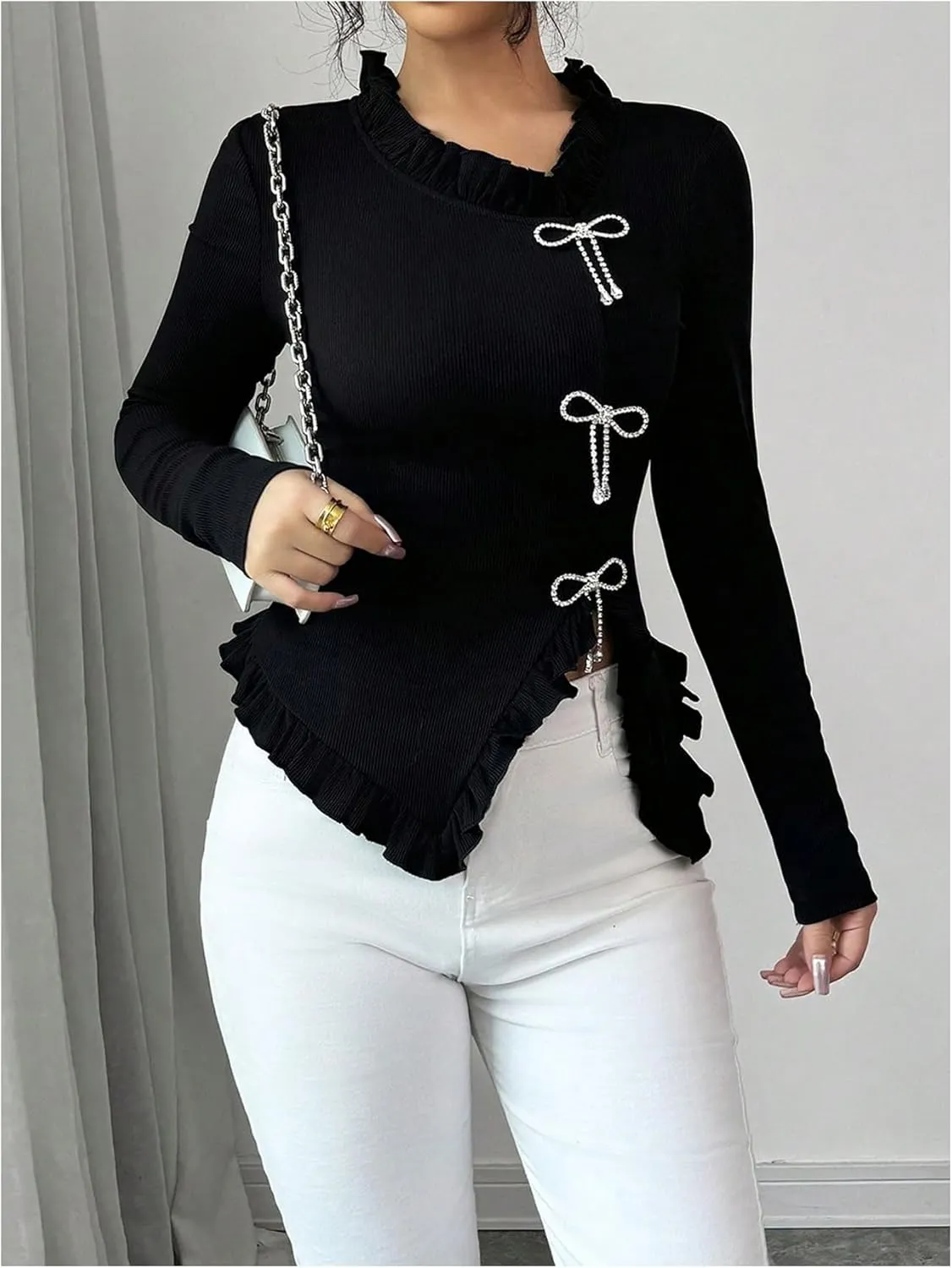 MakeMeChic Women's Rhinestone Bow Knot T Shirt Mock Neck Long Sleeve Ruffle Trim Tee Top