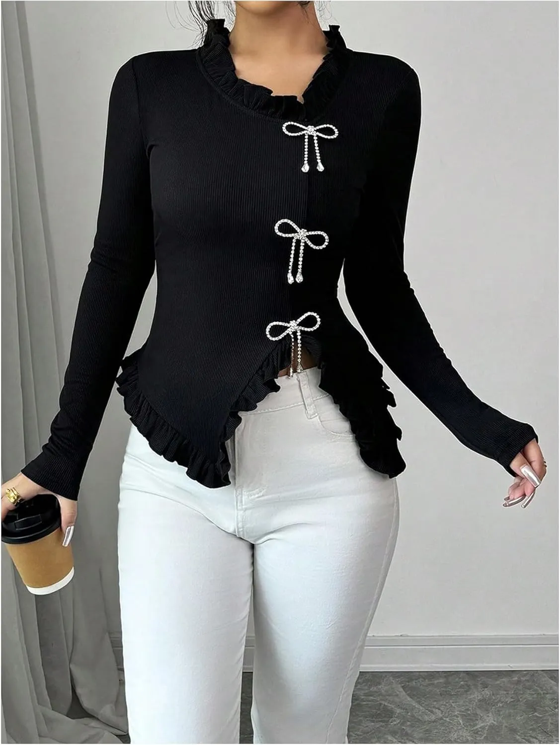 MakeMeChic Women's Rhinestone Bow Knot T Shirt Mock Neck Long Sleeve Ruffle Trim Tee Top