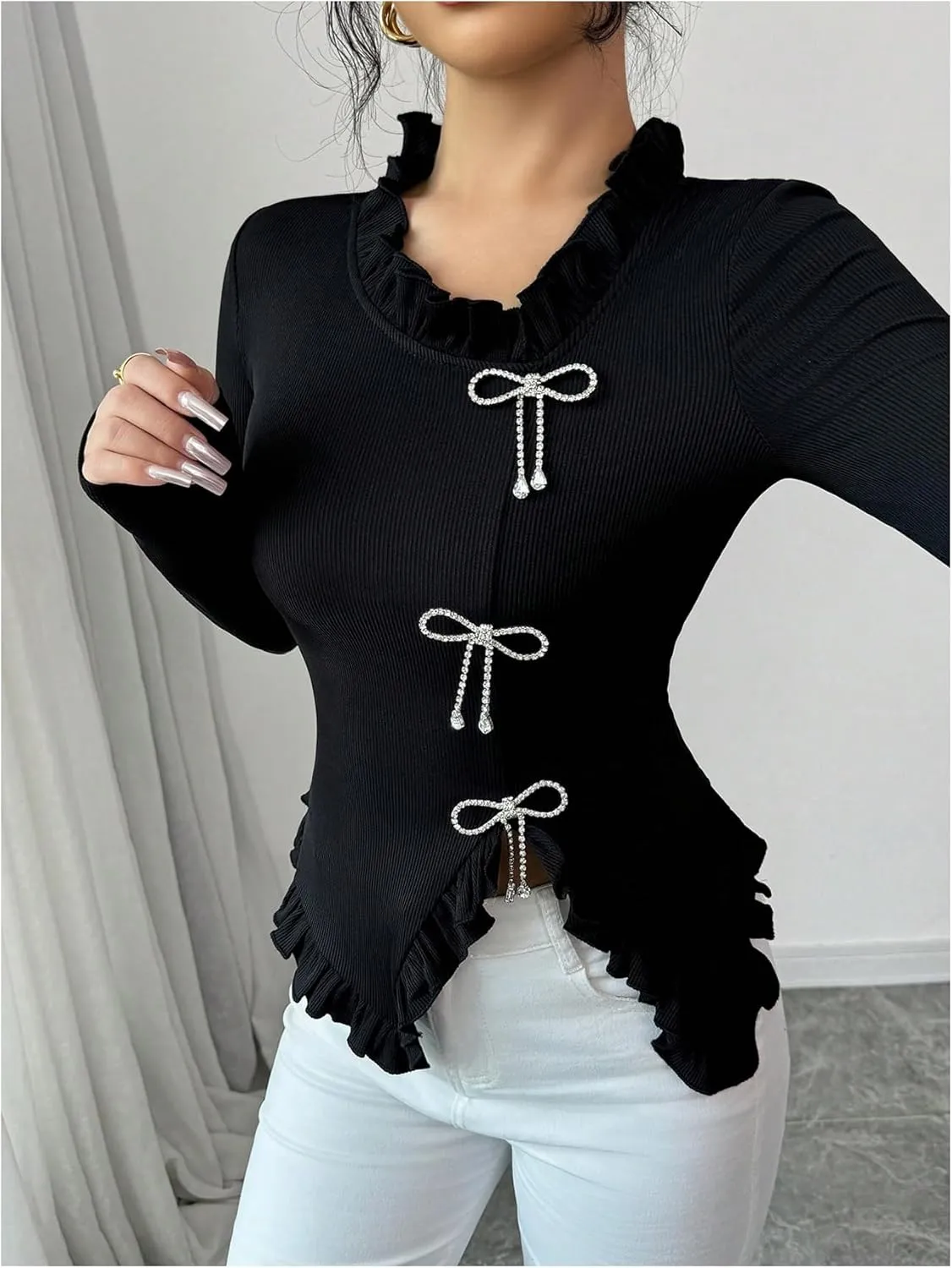 MakeMeChic Women's Rhinestone Bow Knot T Shirt Mock Neck Long Sleeve Ruffle Trim Tee Top