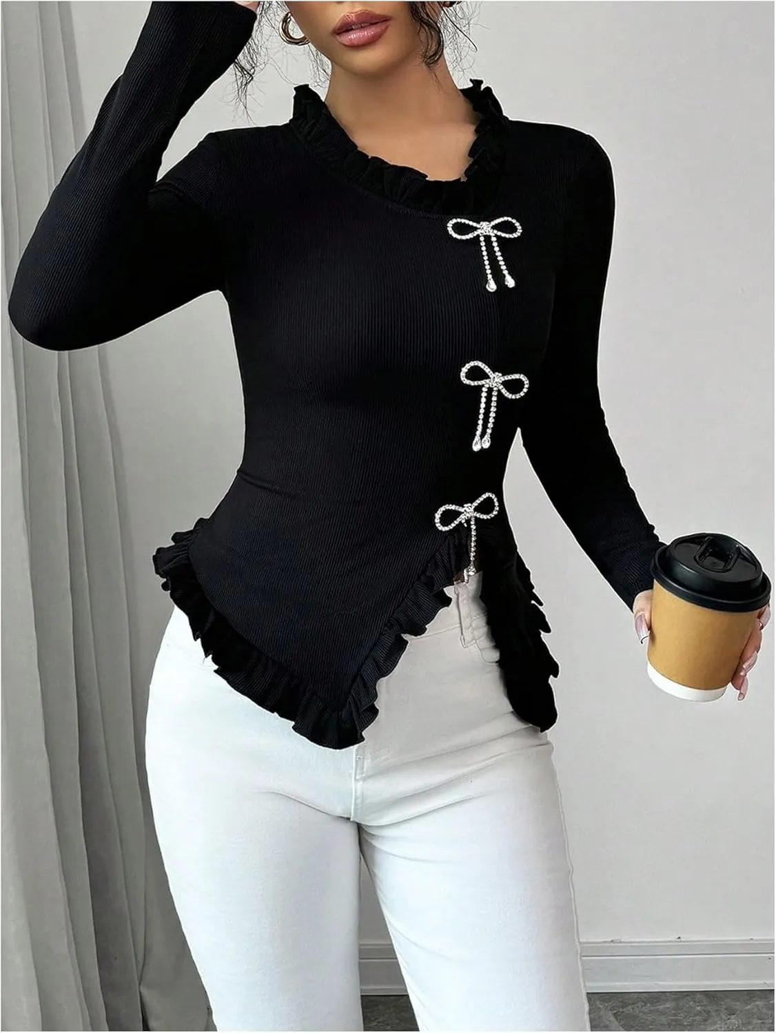 MakeMeChic Women's Rhinestone Bow Knot T Shirt Mock Neck Long Sleeve Ruffle Trim Tee Top