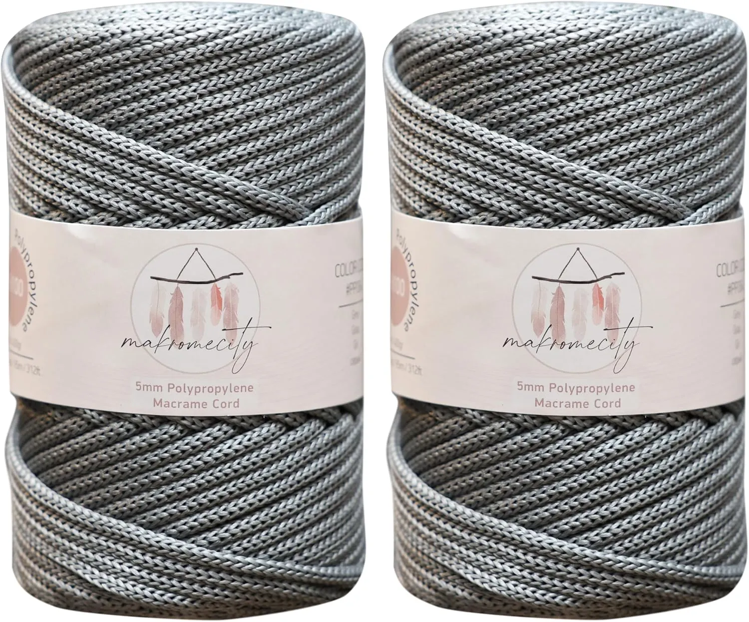 Makromecity, 2 Skeins of Polyester Macrame Cord 5mm x 104 yards (311 feet) 5mm Polypropylene Grey Macrame Cord Crochet Macrame Bag Cord Crafts for Wall Hangings, Bags, Underplate, Rug