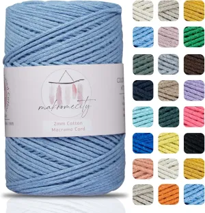 Makromecity, Cotton Macrame Cord 2mm x 195 Yards (590 feet) 2mm Recycled Cotton Crochet Yarn for Macrame Art & Crafts for Wall Hangings, Bags, Underplate, Rug (25 Colors Available) (Baby Blue)