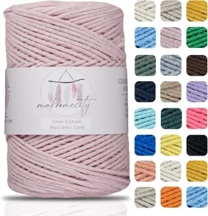 Makromecity, Cotton Macrame Cord 2mm x 195 Yards (590 feet) 2mm Recycled Cotton Crochet Yarn for Macrame Art & Crafts for Wall Hangings, Bags, Underplate, Rug (25 Colors Available) (Baby Pink)