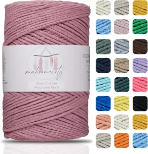 Makromecity, Cotton Macrame Cord 2mm x 195 Yards (590 feet) 2mm Recycled Cotton Crochet Yarn for Macrame Art & Crafts for Wall Hangings, Bags, Underplate, Rug (25 Colors Available) (Dusty Rose)