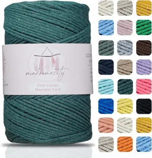 Makromecity, Cotton Macrame Cord 2mm x 195 Yards (590 feet) 2mm Recycled Cotton Crochet Yarn for Macrame Art & Crafts for Wall Hangings, Bags, Underplate, Rug (25 Colors Available) (Forest Green)