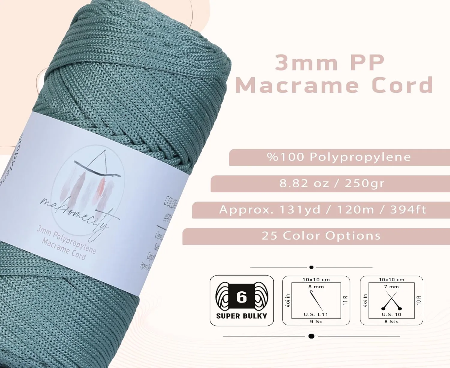Makromecity, Premium Polyester Macrame Cord 3mm x 131 Yards (394 feet) 3mm Polypropylene Crepe Green Macrame Cord Crochet Macrame Bag Cord Crafts for Wall Hangings, Bags, Underplate, Rug