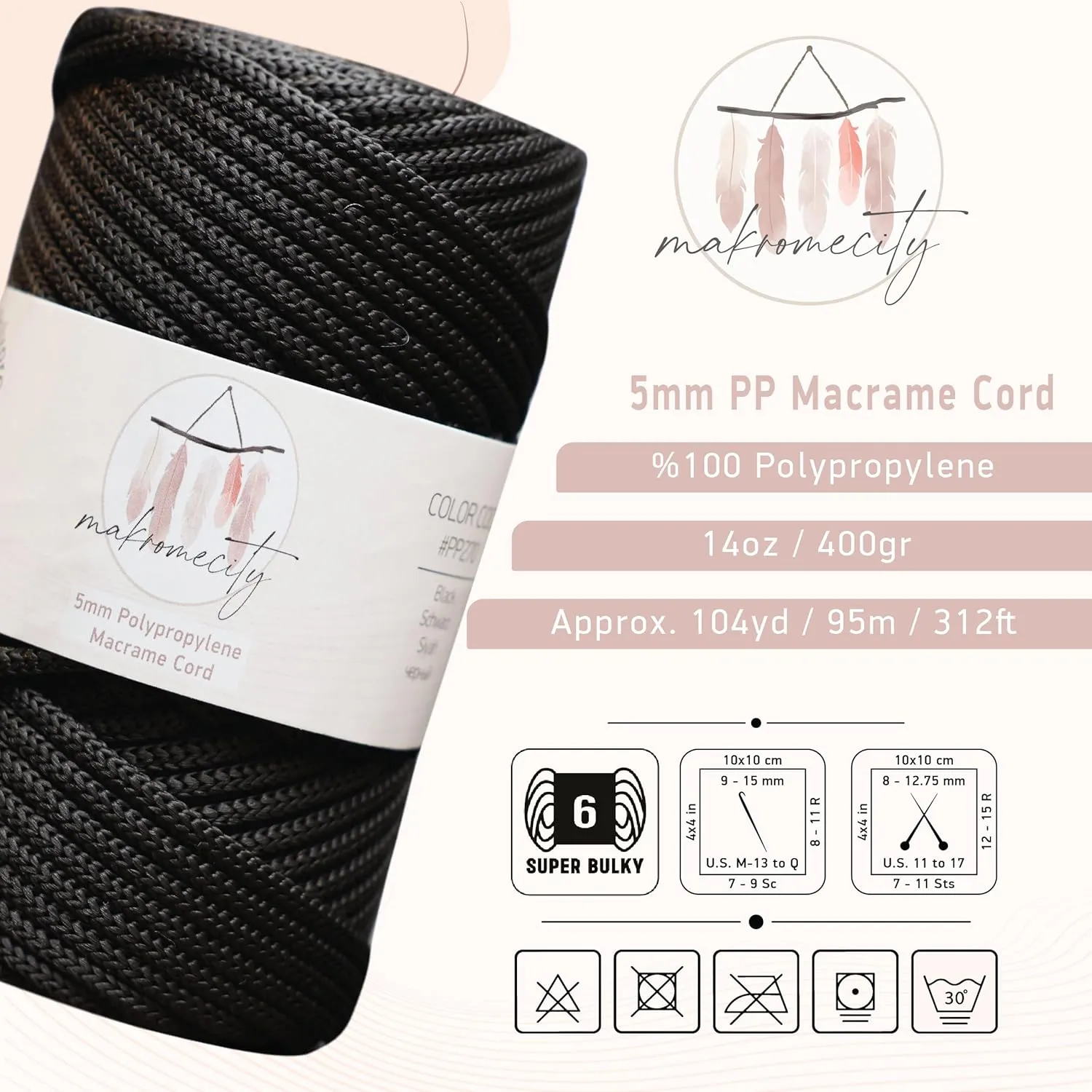 Makromecity, Premium Polyester Macrame Cord 5mm x 104 yards (311 feet) 5mm Polypropylene Macrame Cord Crochet Macrame Bag Cord Crafts for Wall Hangings, Bags, Underplate, Rug (Black)