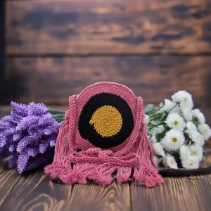 Maresse Bohemian Round Crochet Crossbody Bag | Handmade Cotton Purse with Fringe Tassel | Pink, Black, Yellow | Stylish Eco-Friendly Sling Bag | Knitted Weaving Handbag for Women, Pink, S