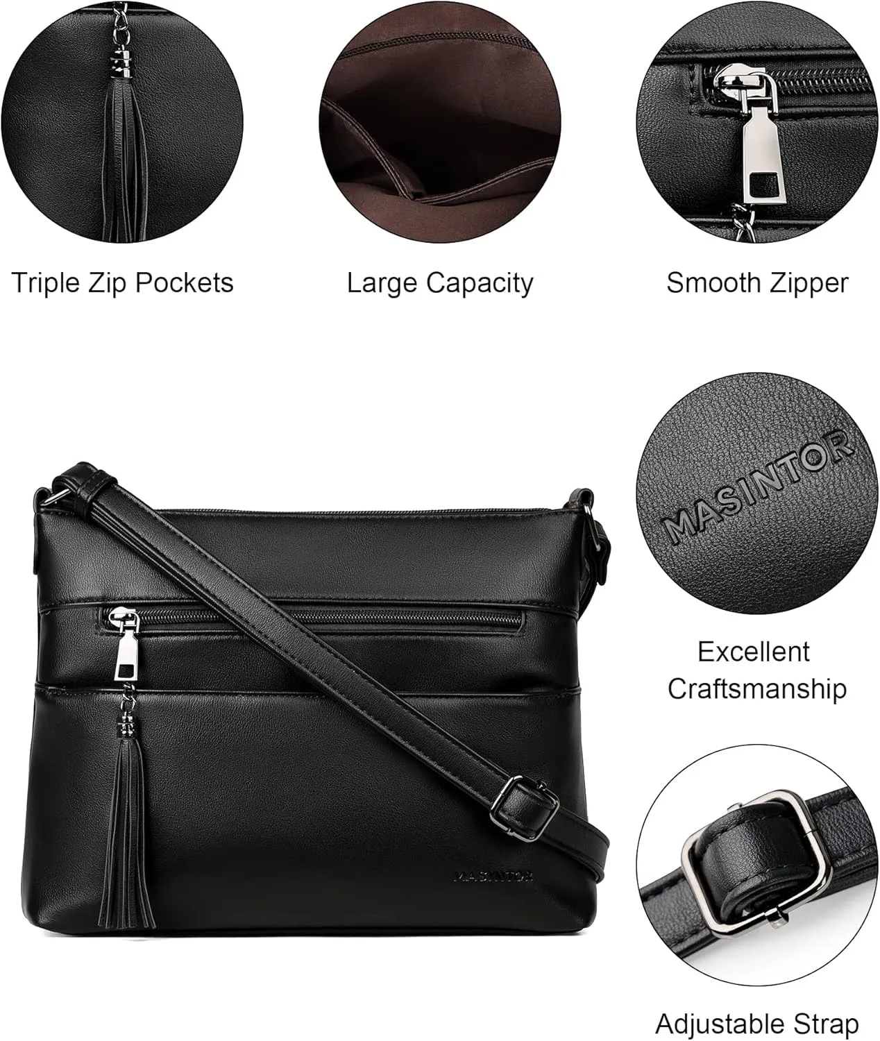 MASINTOR Crossbody Bags for Women, Lightweight Medium Crossbody Purse, Soft Leather Women's Shoulder Handbags with Tassel for Shopping or Travel
