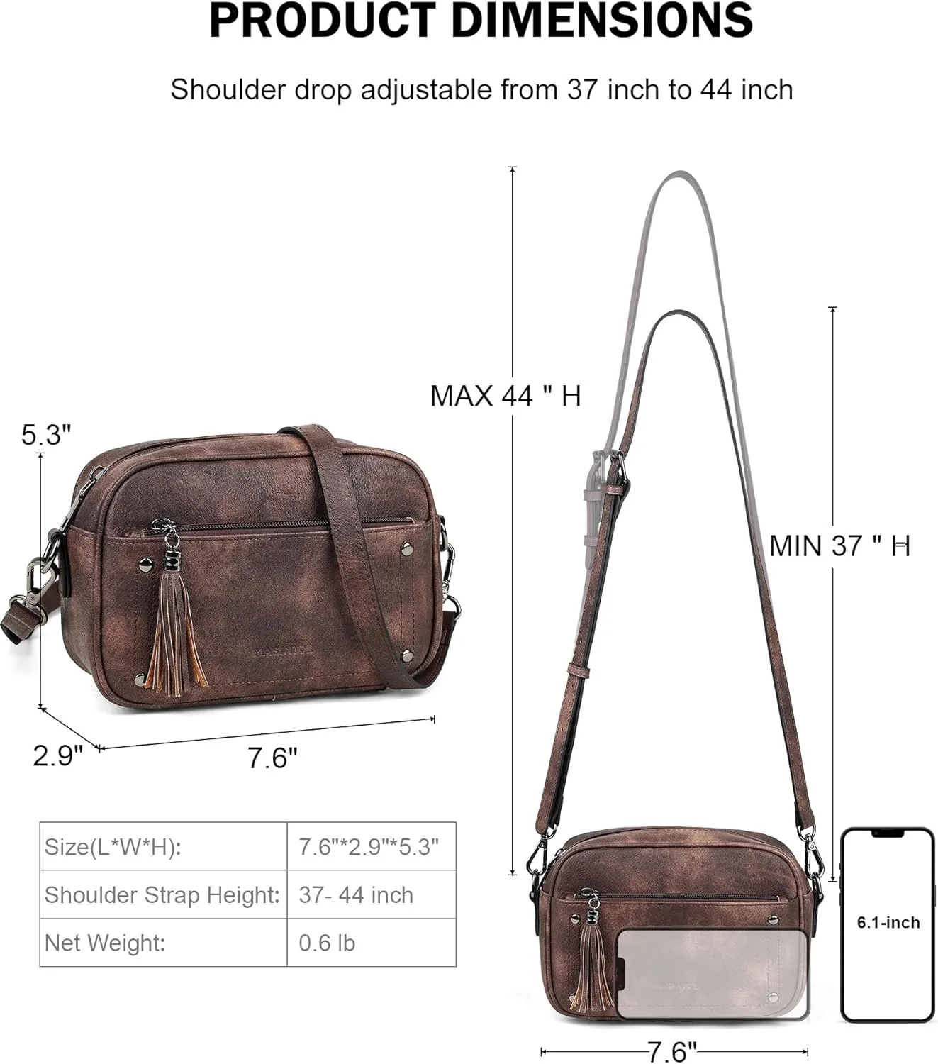 MASINTOR Crossbody Bags for Women Vegan Leather, Trendy Shoulder Purse with Adjustable Strap and Tassel